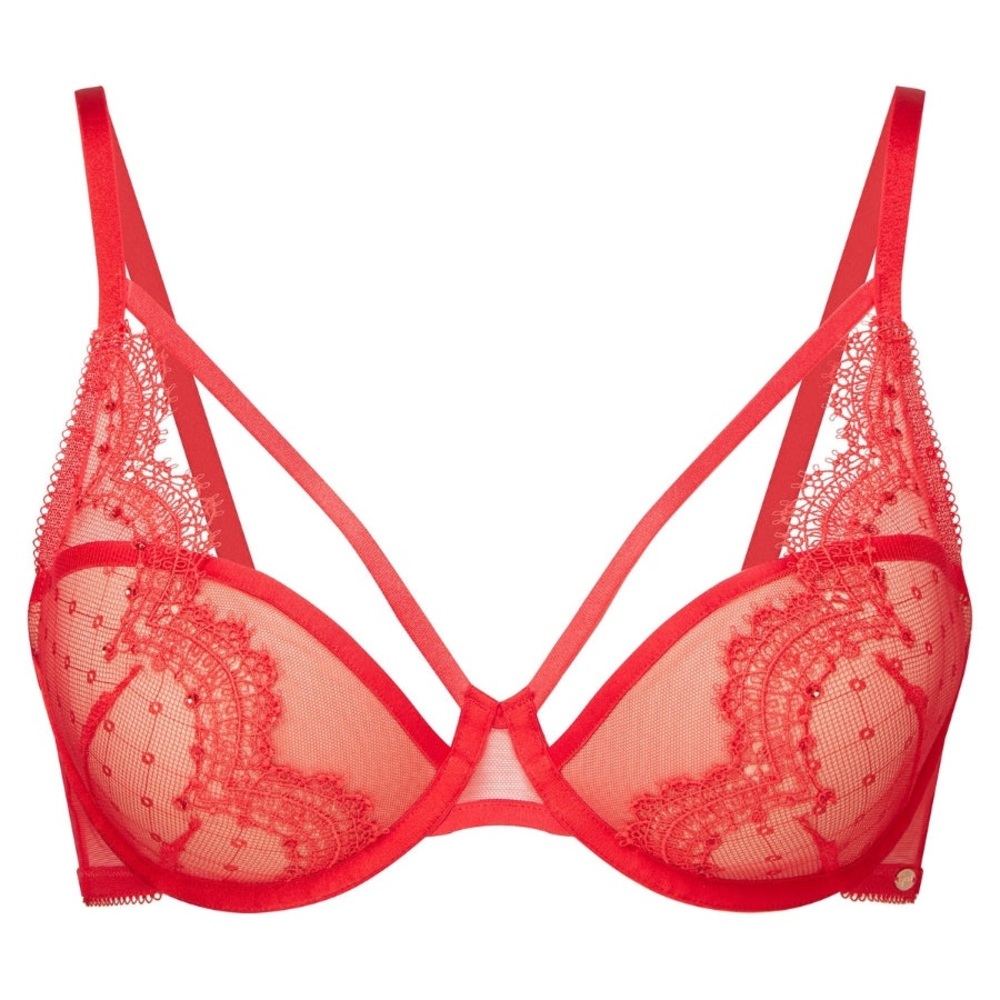 NWT Gossard VIP Audacious Vibrant Red Lace Half Padded Plunge Bra Size 34A